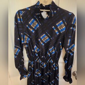 Nanette Lepore High Neck Smocked Scrunch Marina Patchwork Plaid Midi